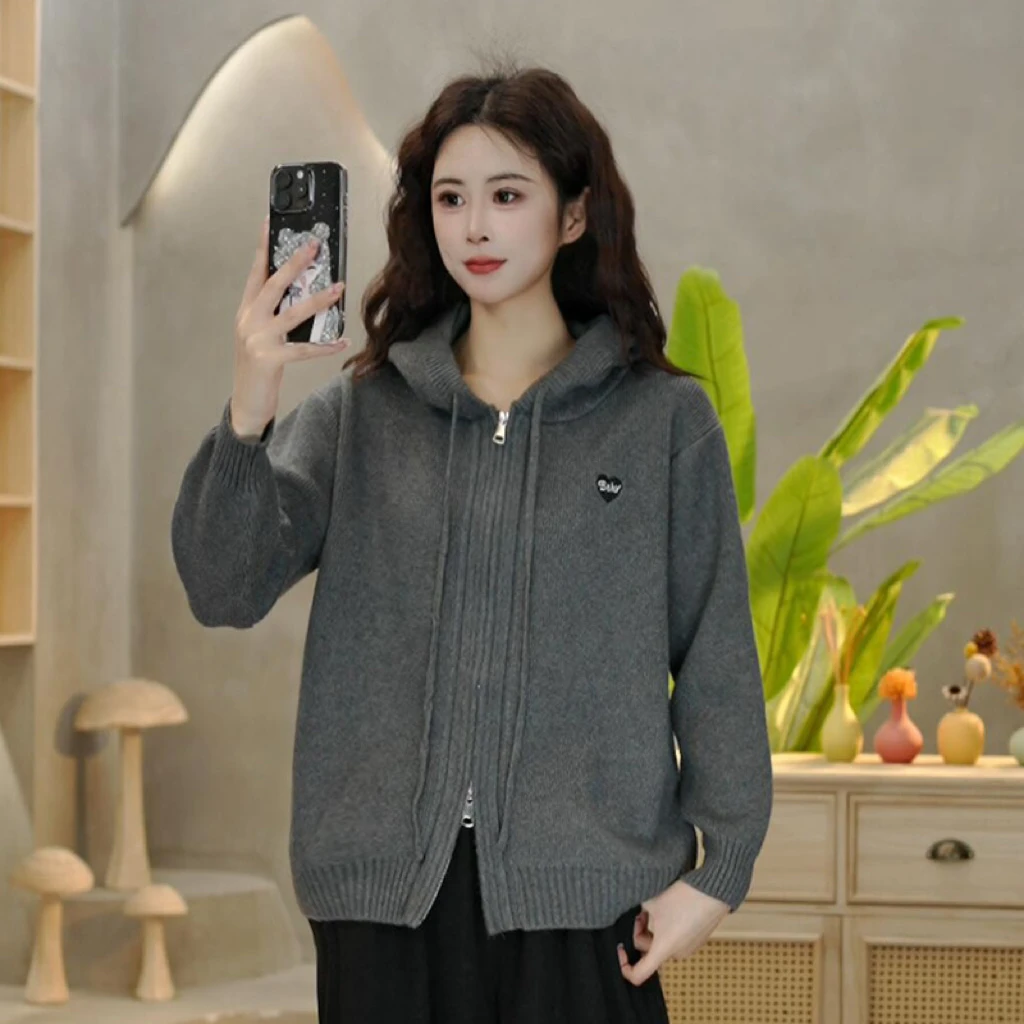 5118 冬季新款绣花抽绳连帽长袖针织毛衣宽松时尚百搭条纹上衣