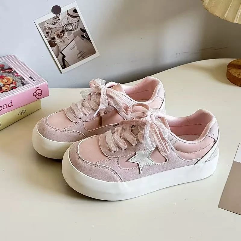 6623 樱花粉 休闲厚底板鞋女2025春季新款配裙子百搭星星小白鞋
