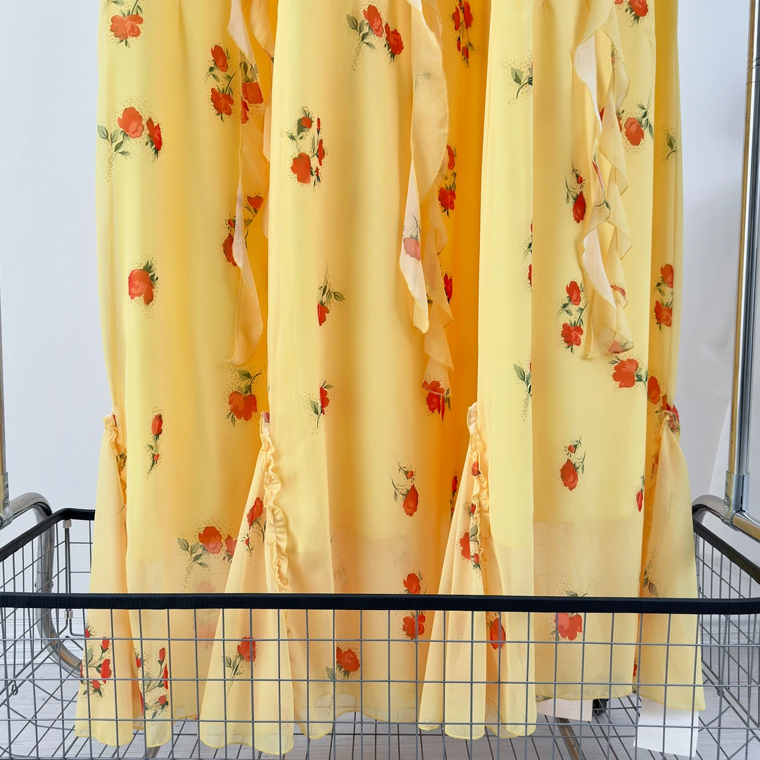 黄昏玫瑰花边吊带碎花连衣裙鱼尾长裙法式度假裙