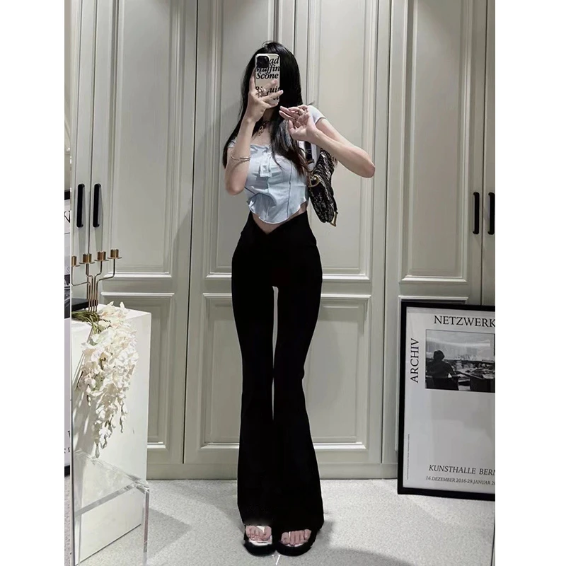 巨显瘦黑色v型微喇叭裤高腰百搭马蹄裤弹力修身垂感时尚拖地长裤