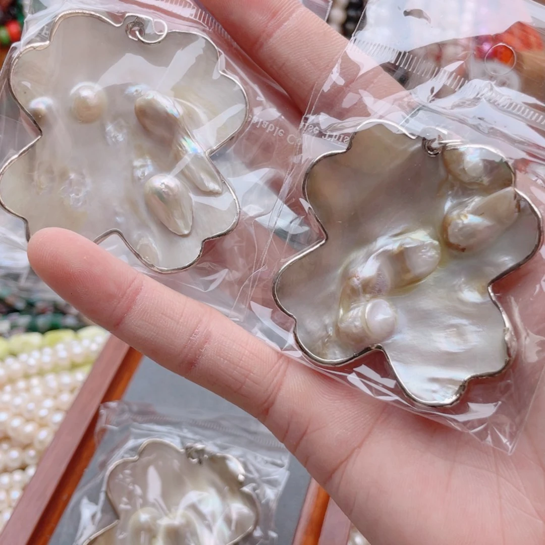 非金属仿珍珠吊坠 天然珍珠贝四叶草吊坠1颗彩光气质镶边款百搭