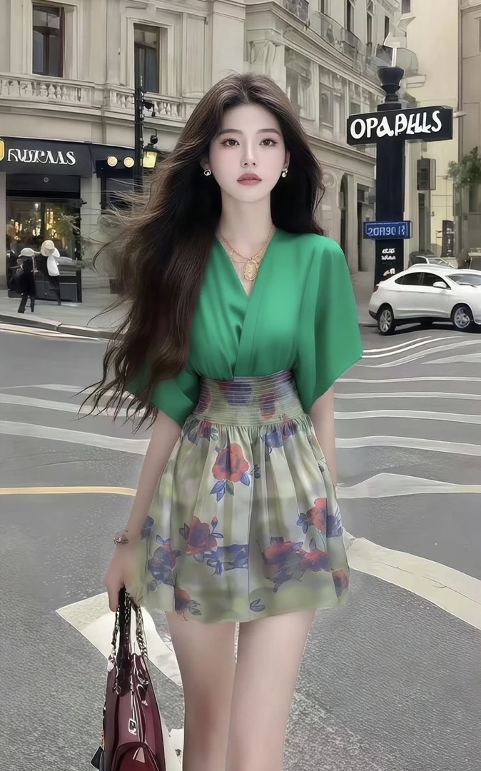 温柔纯欲千金风松弛感V领短袖收腰绿色连衣裙女时尚气质高级女装