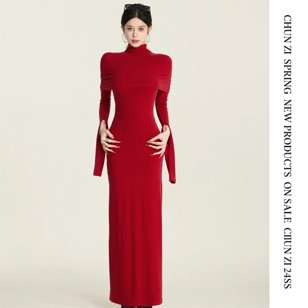 【CHUN ZI】秋冬简约红色针织连衣裙两件套修身显瘦包臀长裙女
