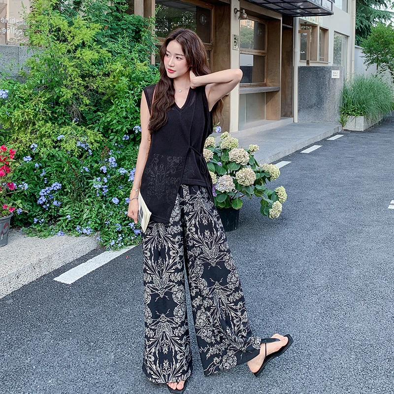 纯欲慵懒风套装夏小众不撞款黑色无袖不规则上衣印花阔腿裤两件套