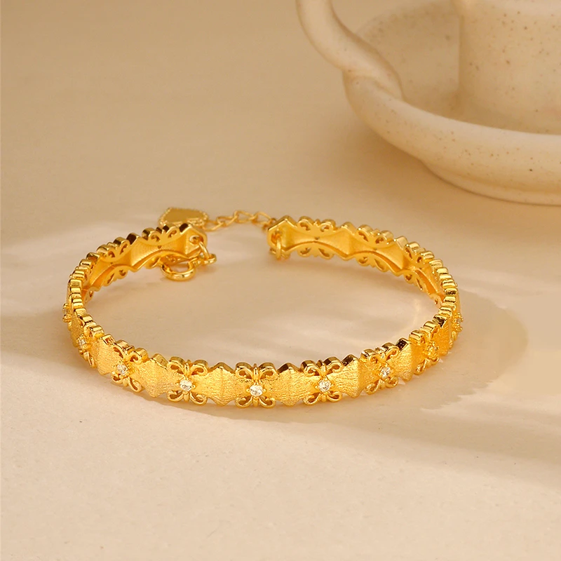 铜合金手镯 新款点钻拉丝鸢尾花手镯几何设计镯子中古风时尚饰品