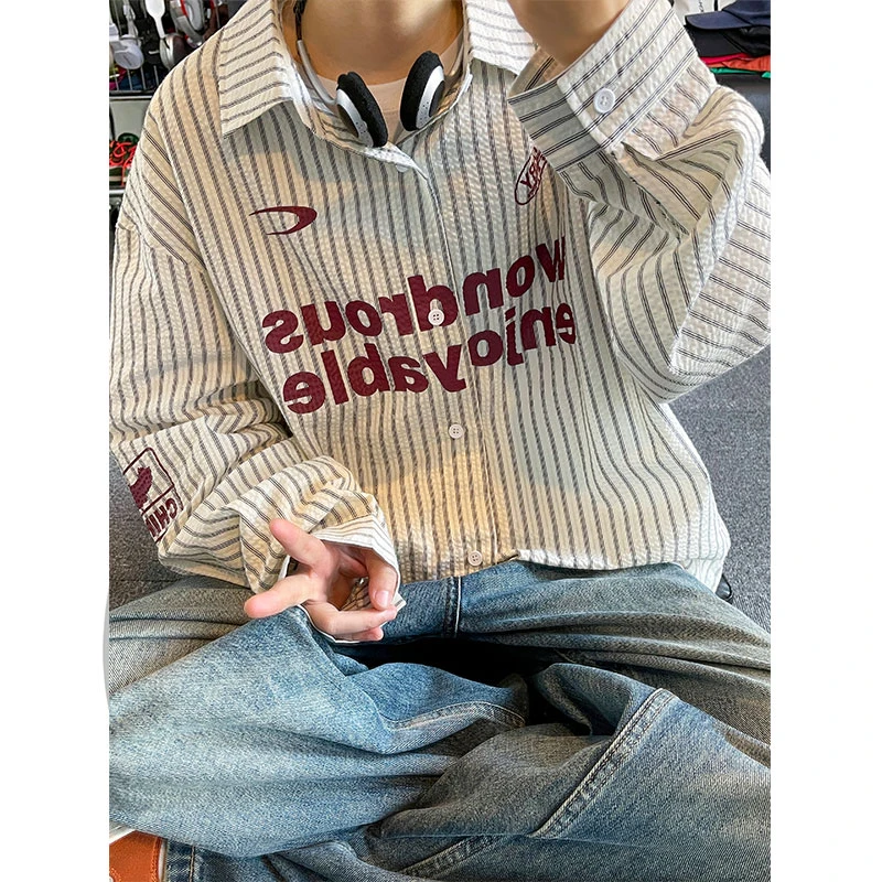 肌理感长袖衬衫男春秋季美式条纹印花衬衣外套青少年复古宽松寸衫