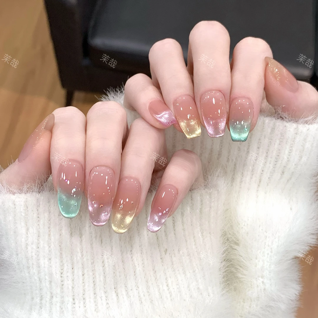 茉哉现货【彩虹雨】纯手工定制美甲拆卸穿戴甲A3951