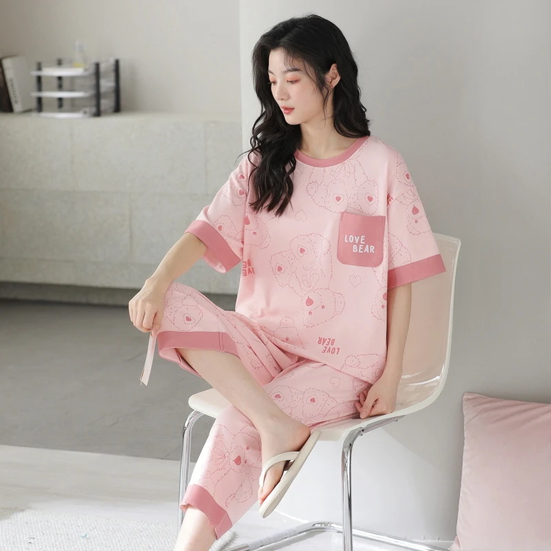 拍一发三夏季纯棉女短袖七分裤睡衣女休闲家居服套装+睡裙
