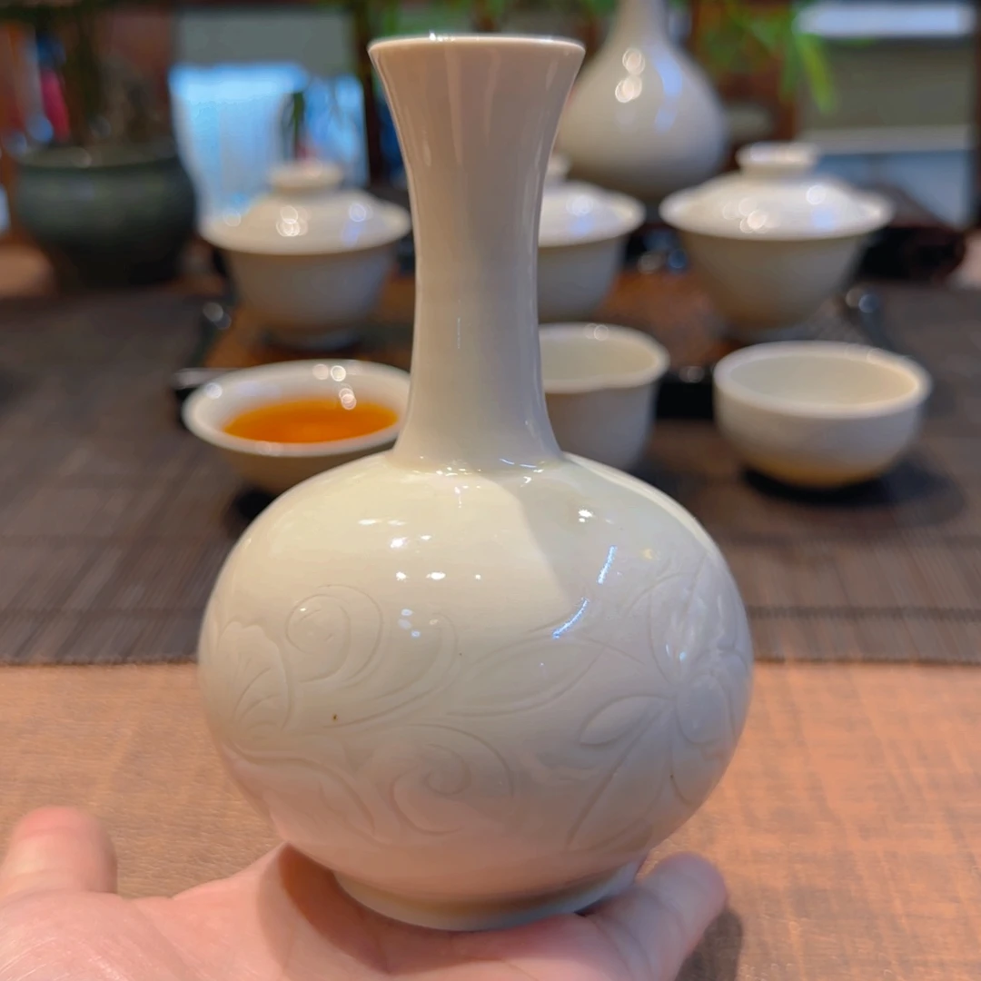 仿古花瓶 长颈瓶 14.5cm 全手刻花