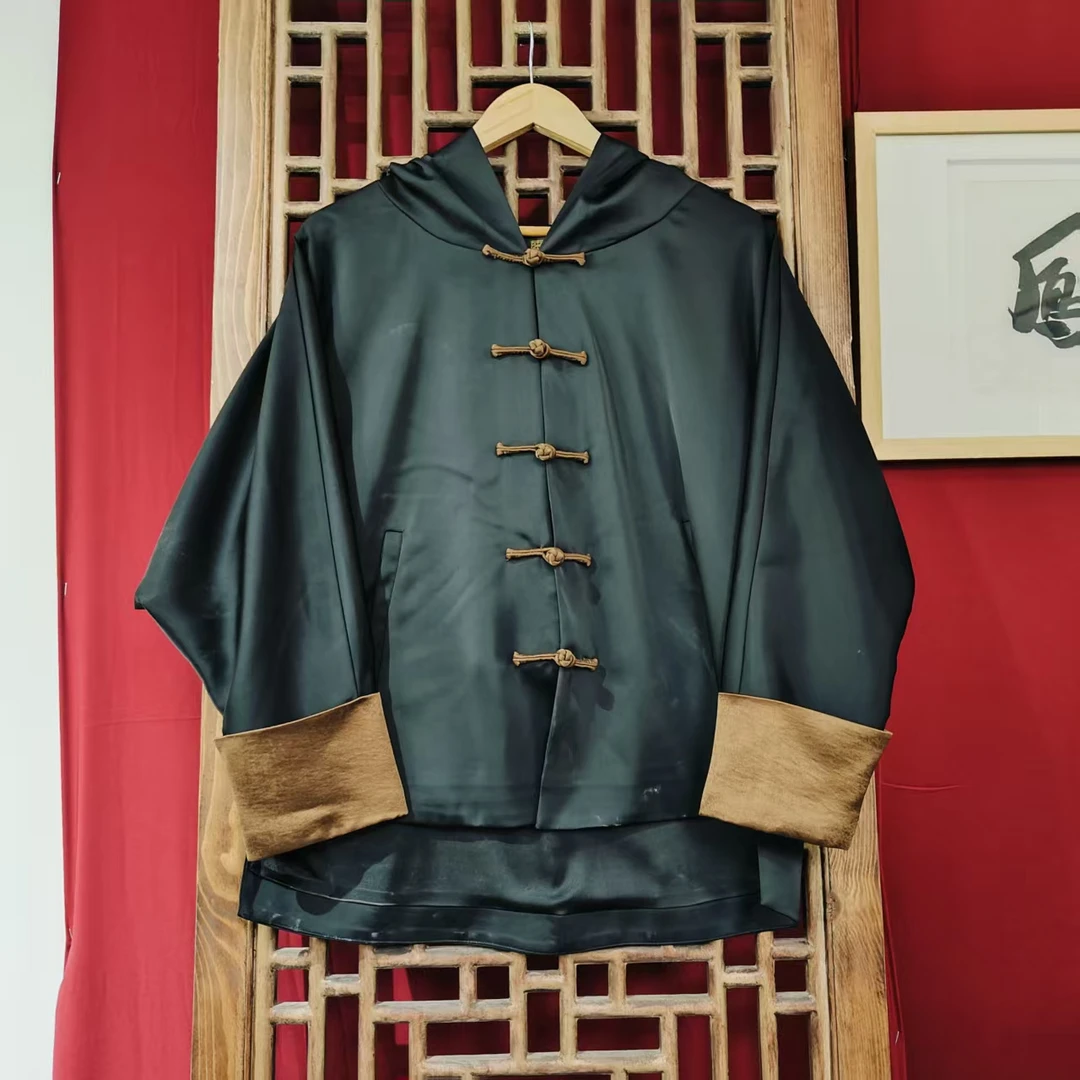 （SY5237）凤徕兮私人定制黑色光板对襟盘扣翻边袖连帽外套