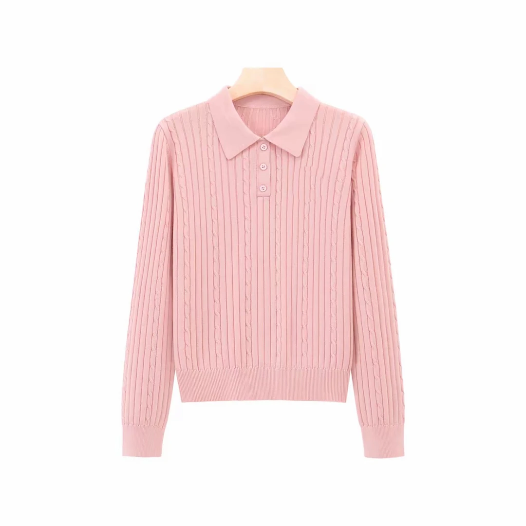 （100%绵羊毛）冬季新款简约通勤绞花POLO领羊毛上衣111016