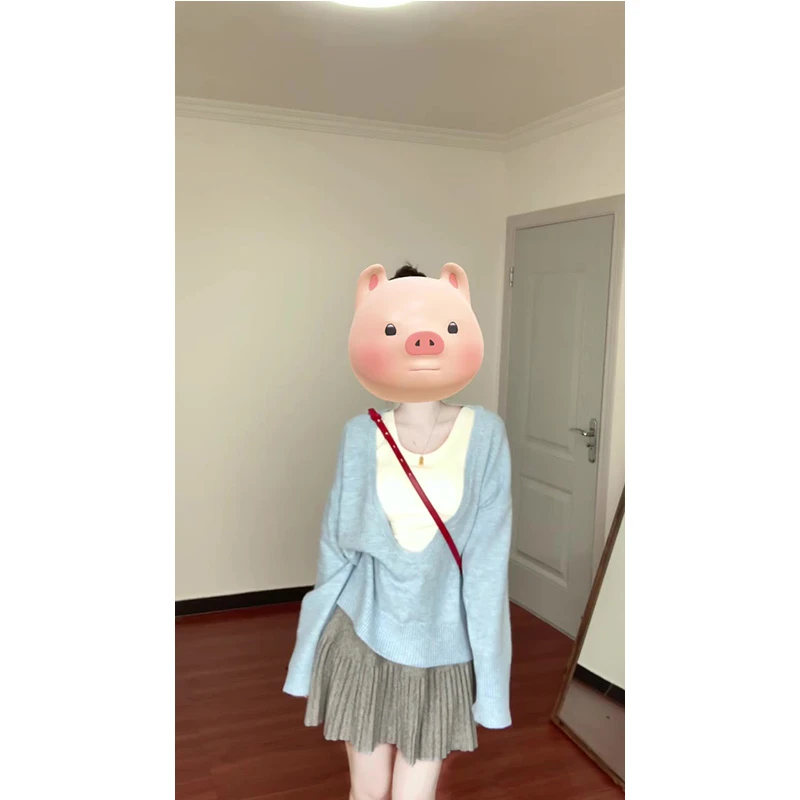 春季新款韩系穿搭高级感简约蓝色大领口针织衫上衣女百褶短裙套装