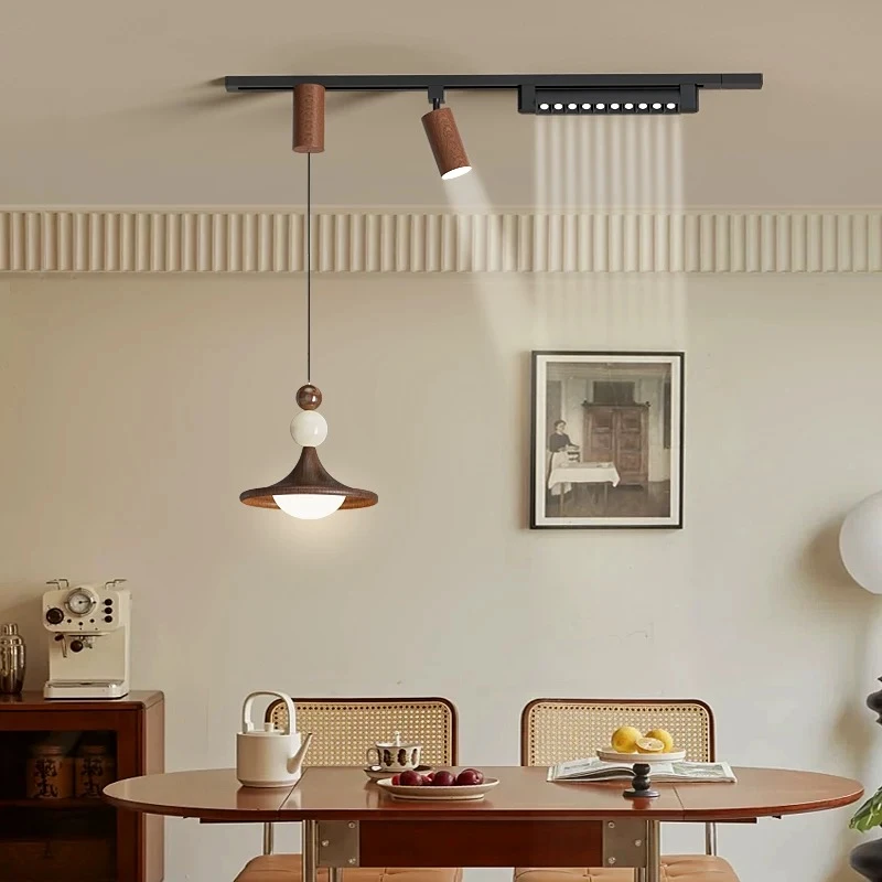 中古风餐厅吊灯可移动升降悬停轨道灯奶油风现代简约饭厅护眼灯具