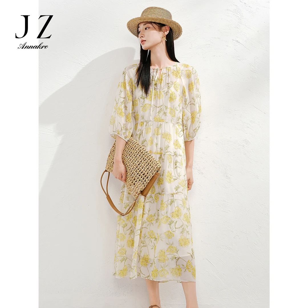 玖姿安娜蔻KWFX50151桑蚕丝秋日菊瓣收腰连衣裙女2025夏季新款