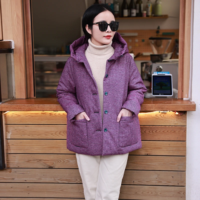 紫风筝/十木米原创冬新款全棉色织条纹休闲百搭连帽棉服短外套女