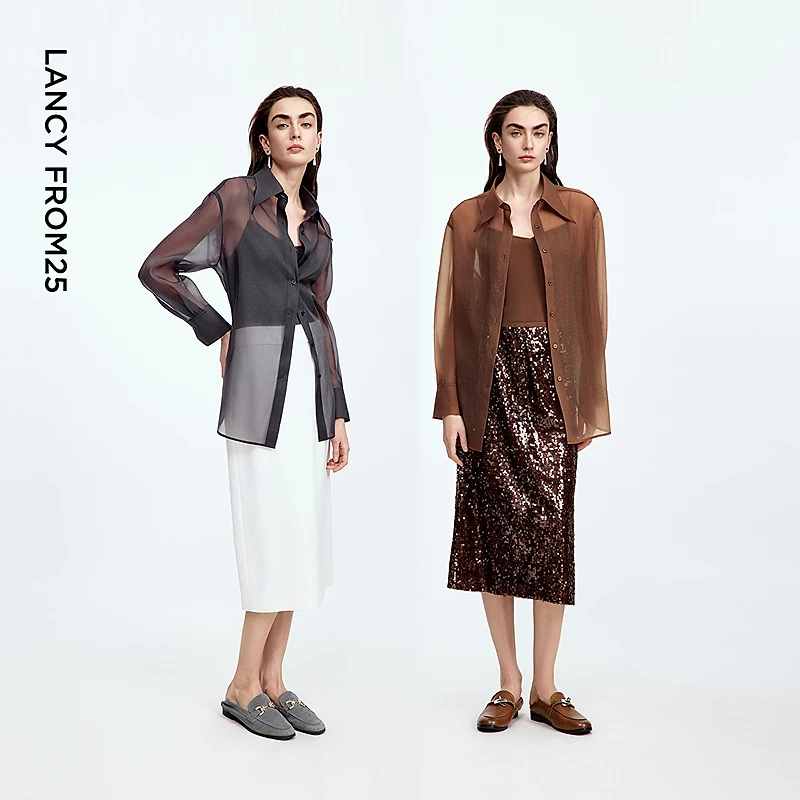 朗姿翻领薄衬衫高级感淡人外搭罩衫气质通勤2025年秋季新款衬衫