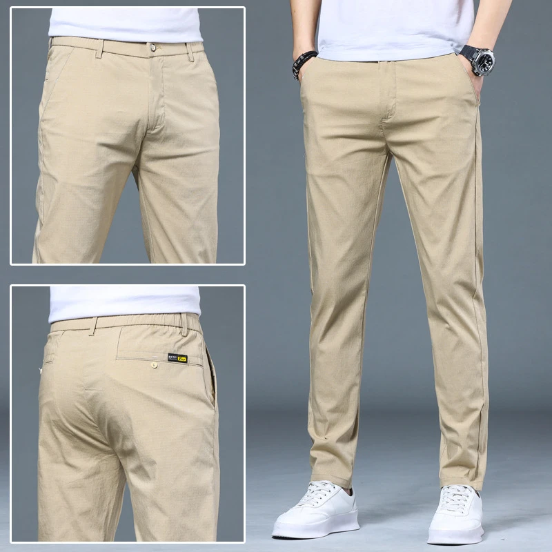 夏季薄款休闲裤男款修身直筒透气弹力冰丝百搭潮流男裤子批发凉感