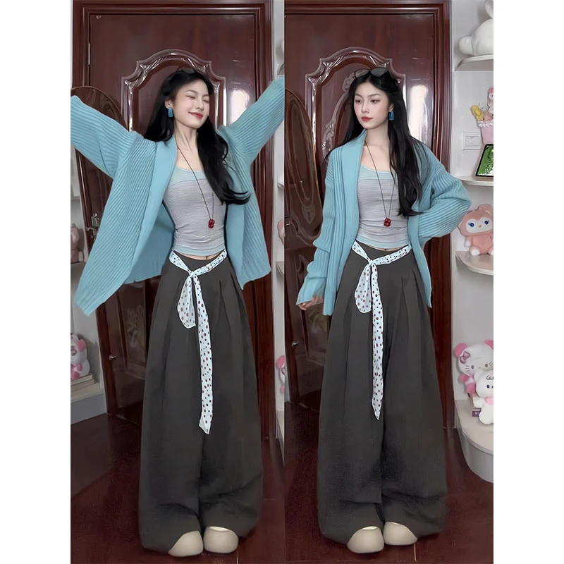 韩系松弛感蓝色宽松毛衣慵懒风针织衫外套2025秋季宽松阔腿裤