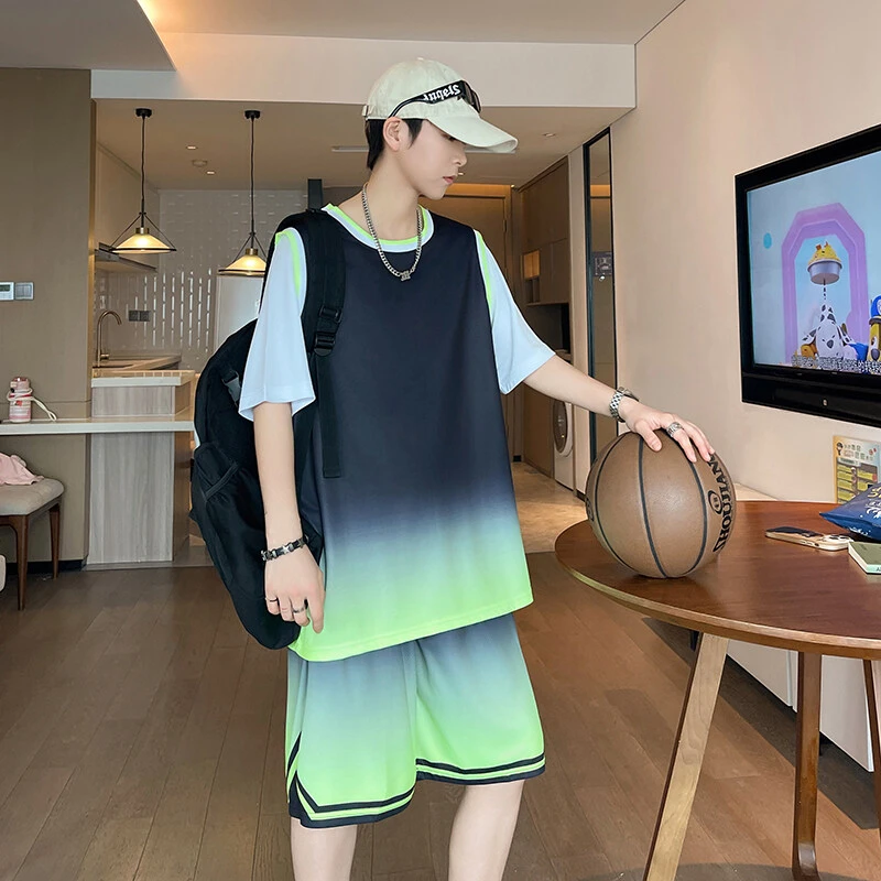 篮球球衣男冰丝速干T恤训练队服跑步健身运动球服套装圆领假两件