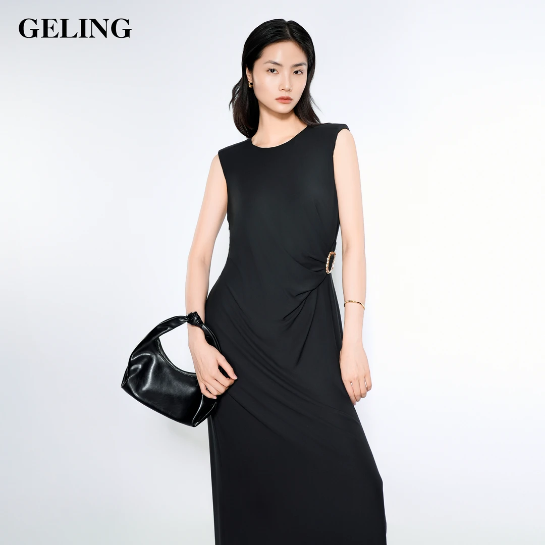 GELING/歌&玲性感小黑裙腰部装饰连衣裙气质长裙显瘦G512W131L