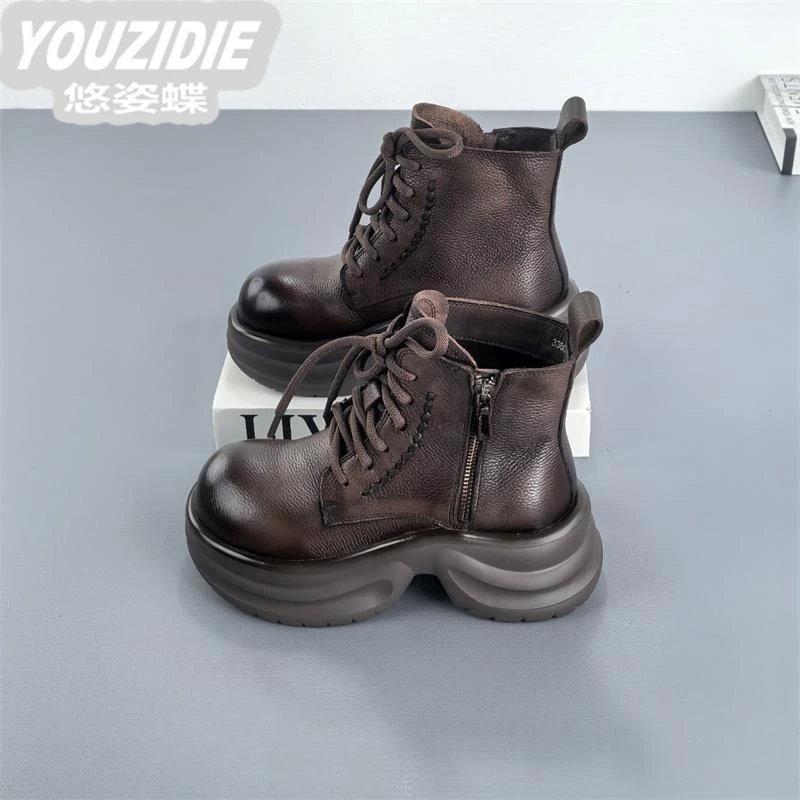 头层牛皮复古厚底马丁靴女2025秋季新款棕色靴子增高保暖时尚短靴