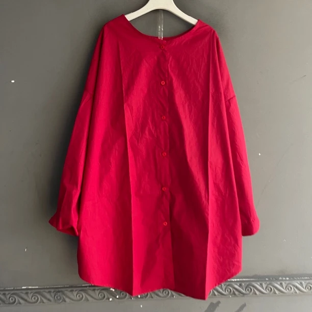 春秋新款红色衬衣裙前后两穿设计感单排扣简约中长款显瘦上衣