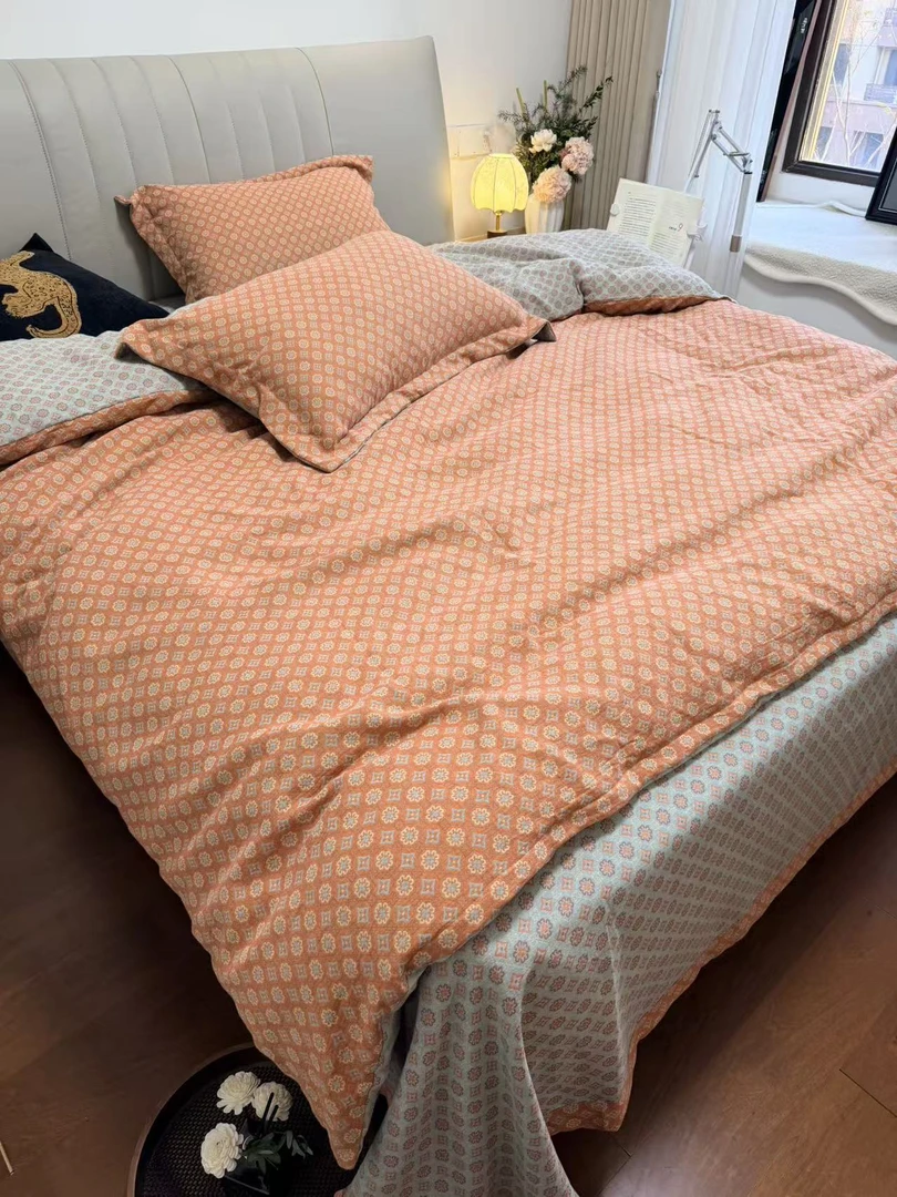 【AA版拉链款】孚日高端全棉双层纱A类婴幼儿床品四件套-橘暖生香