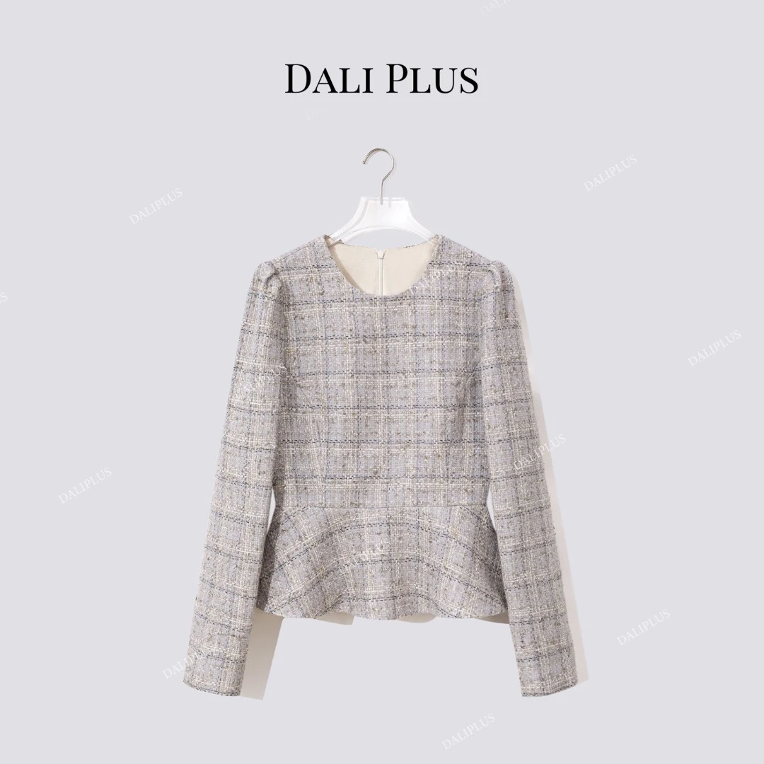 DALI PLUS“灰金格子上衣” 小天鹅掐腰感优雅女装上衣-D5ST1653-1