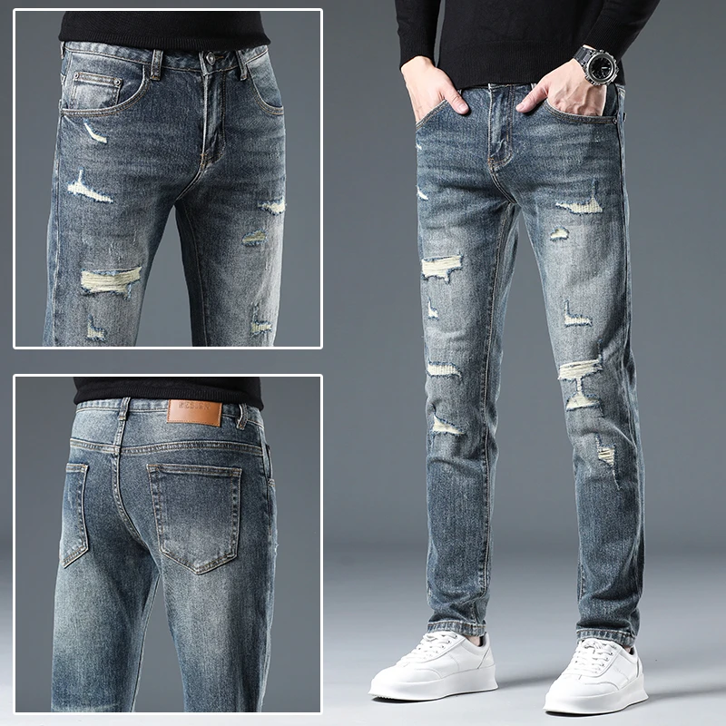 ZONGJIE香港破洞补丁高端修身牛仔裤男2025秋季个性潮牌时尚长裤