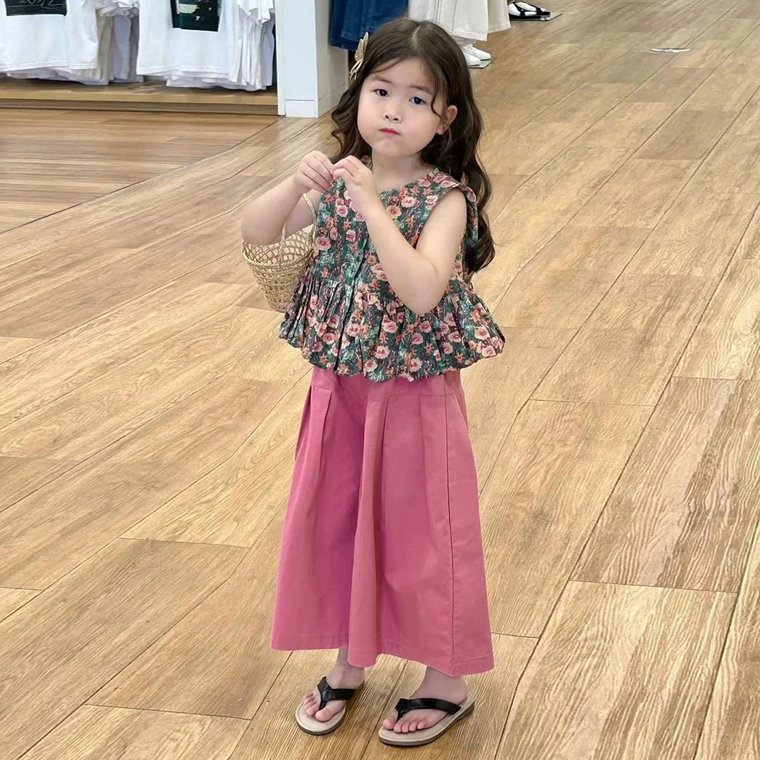 女童2025夏季新款中小童森系女童防蚊套装洋气碎花无袖上衣阔腿裤