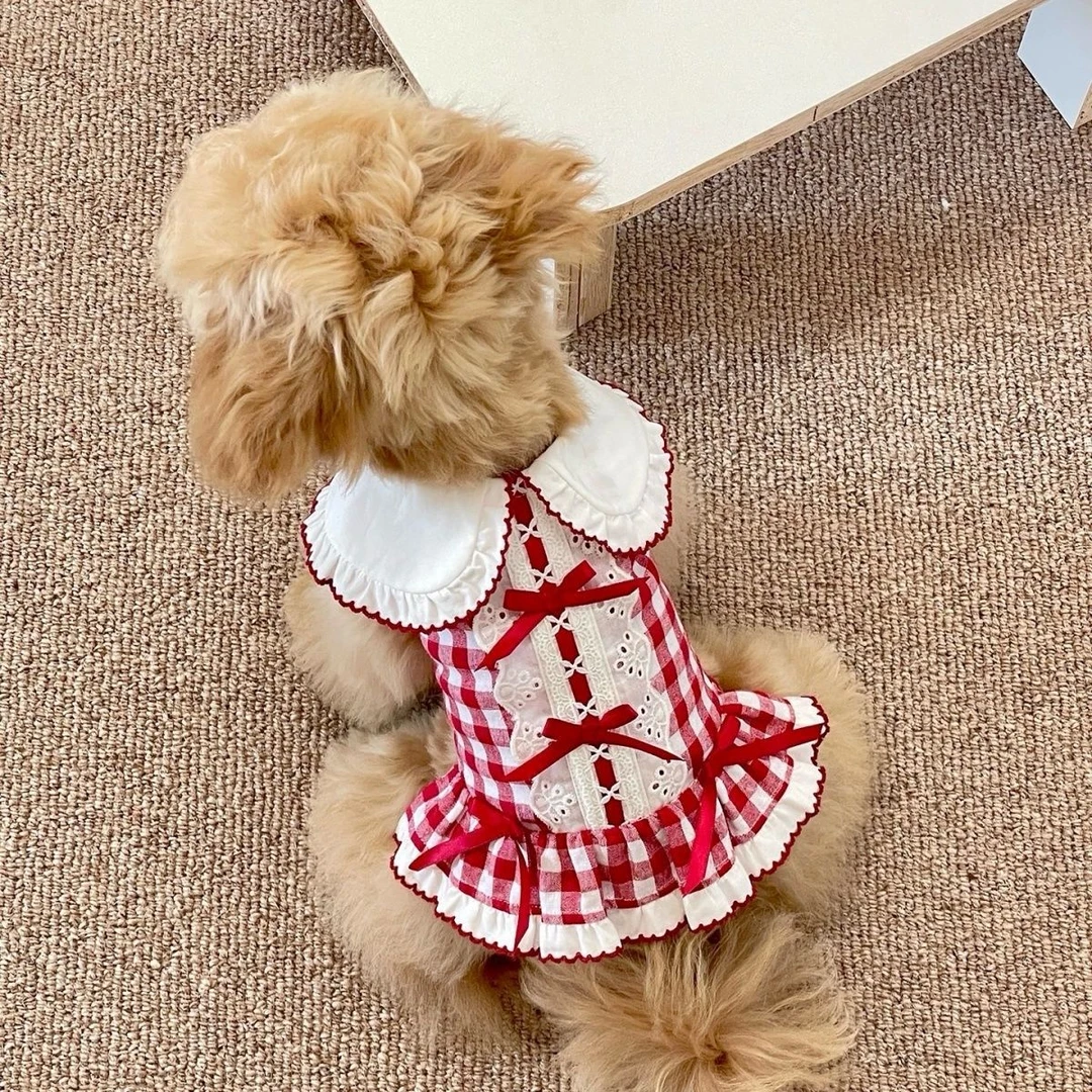 狗狗猫咪春夏秋薄款格子裙子连衣裙小型犬狗狗衣服比熊复古衬衫裙