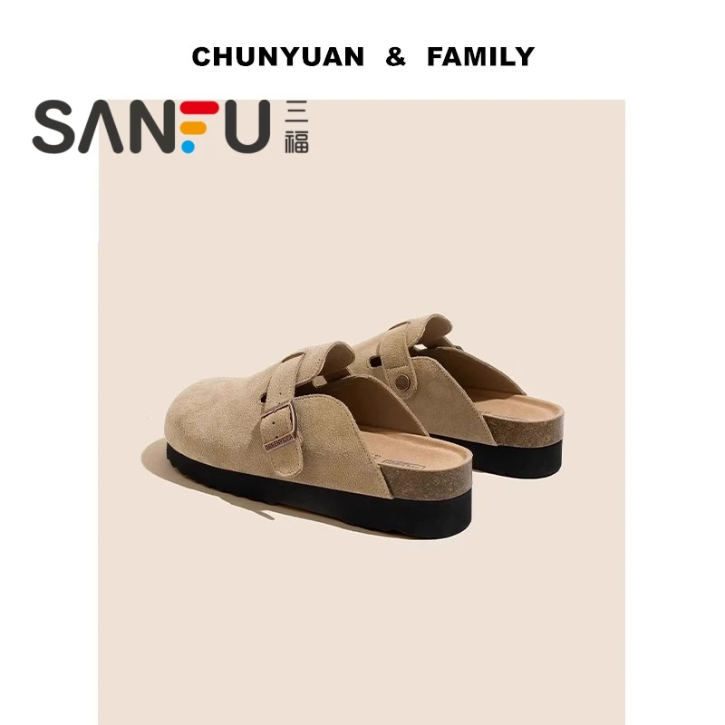 三福厚底勃肯鞋女2025春秋季新款钓鱼软底博肯鞋复古一脚蹬半拖鞋