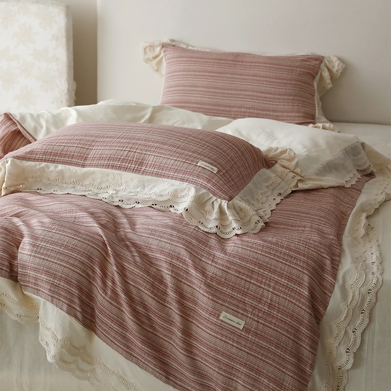 法式公主风丨双层纱四件套纯棉全棉床单被套荷叶边少女心粉色床品
