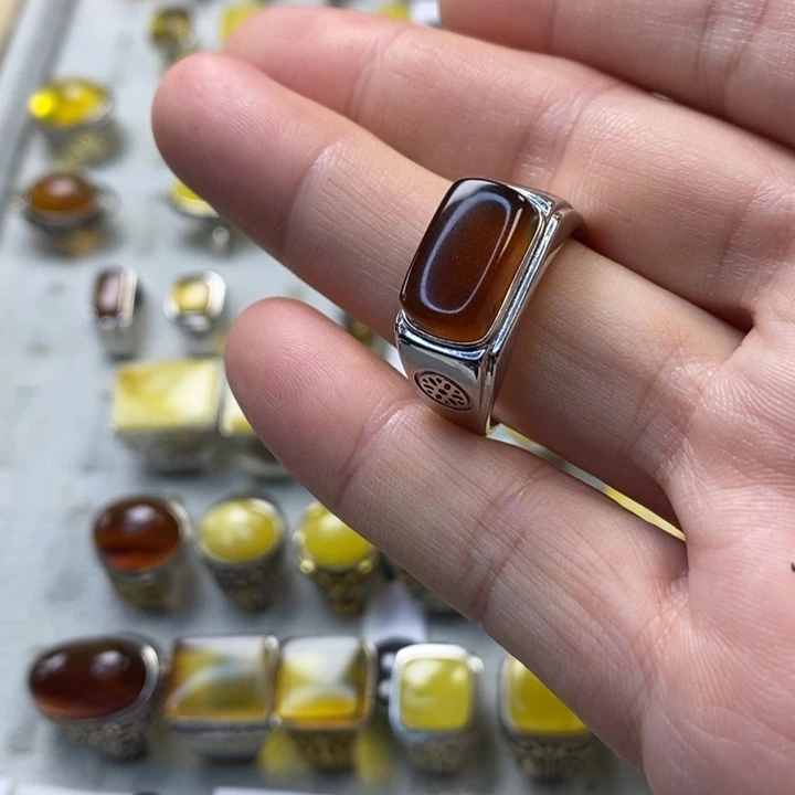 ****雨琥珀银S925镶嵌戒指