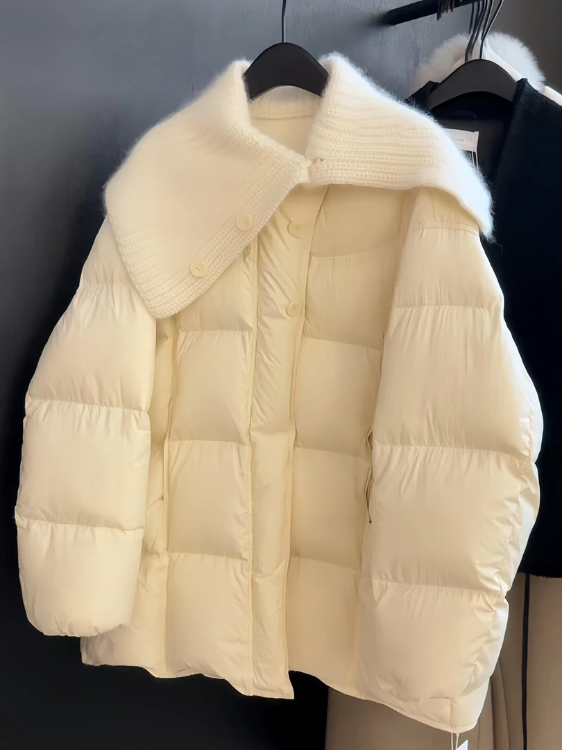 小个子针织披肩浅米黄色棉服女2025冬季新款韩系保暖泡芙外套上衣