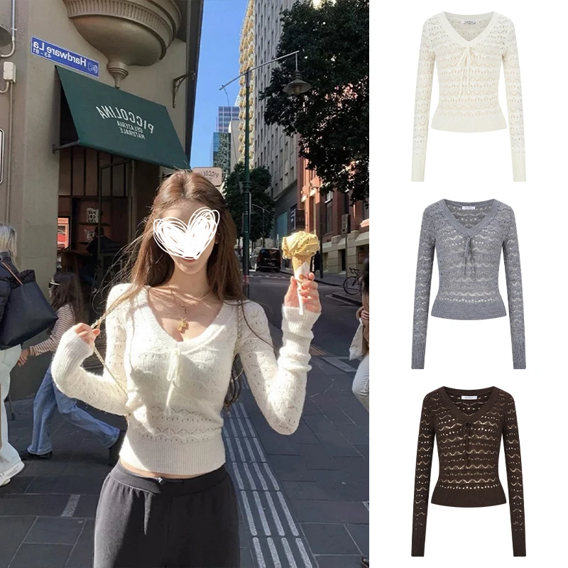 Moses Queen/魔西女王法式V领绑带镂空修身针织衫上衣女设计感