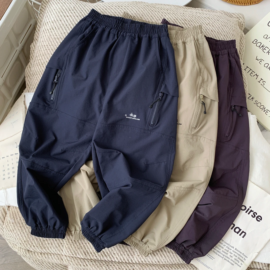 男童裤子春秋2025新款儿童膝盖捏折拼接长裤男孩宽松弹力休闲裤