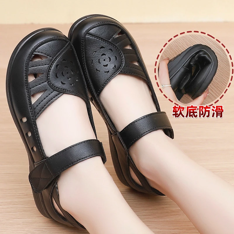 夏季新款妈妈鞋包头凉鞋软底防滑中年女镂空洞洞透气中老年单鞋女