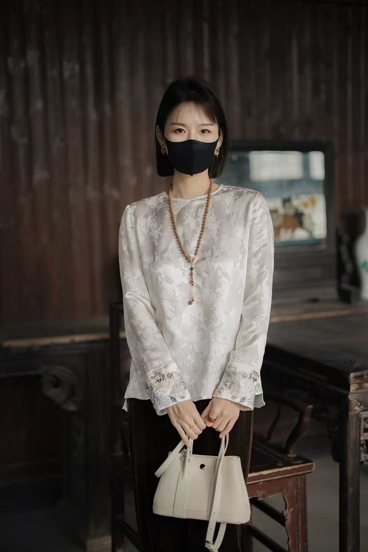 江南 新中式满分桑蚕丝刺绣提花时尚气质长袖衬衫 3380