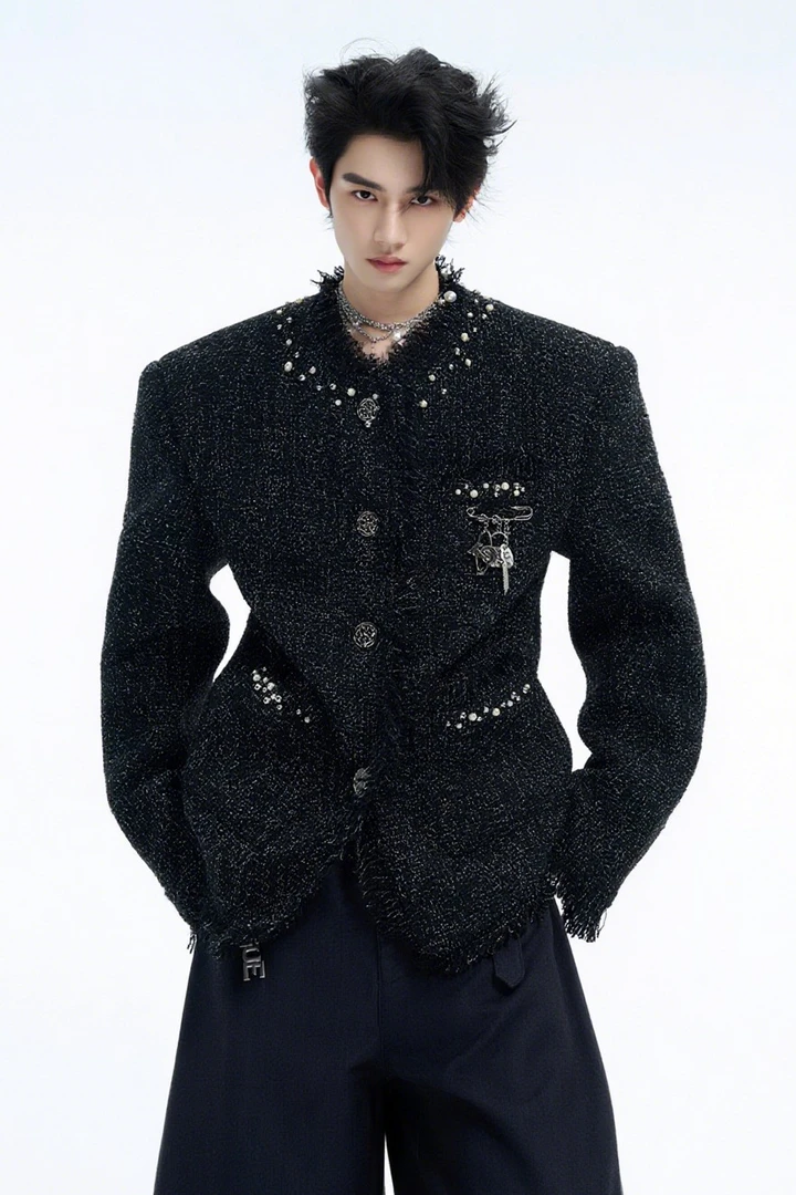 重工小众珍珠点缀小香风夹克秋冬轻奢高级贵气短款细闪肌理外套