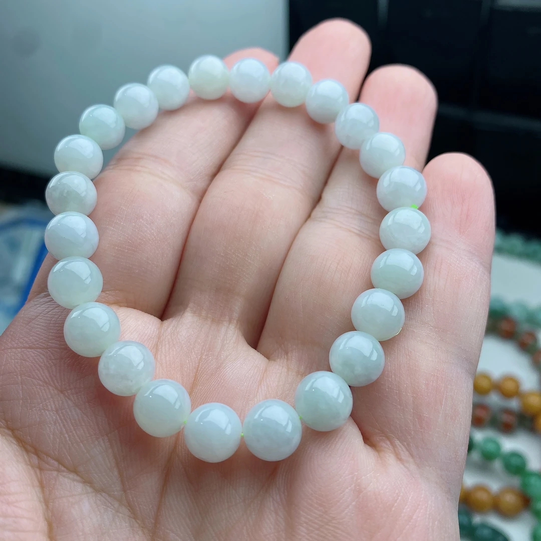 天然A货翡翠卡8.5白冰牛奶果绿多宝玉手串手链渐变单圈