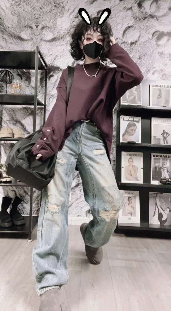 【佳老板】“68023”#春款韩版时尚百搭破洞牛仔裤