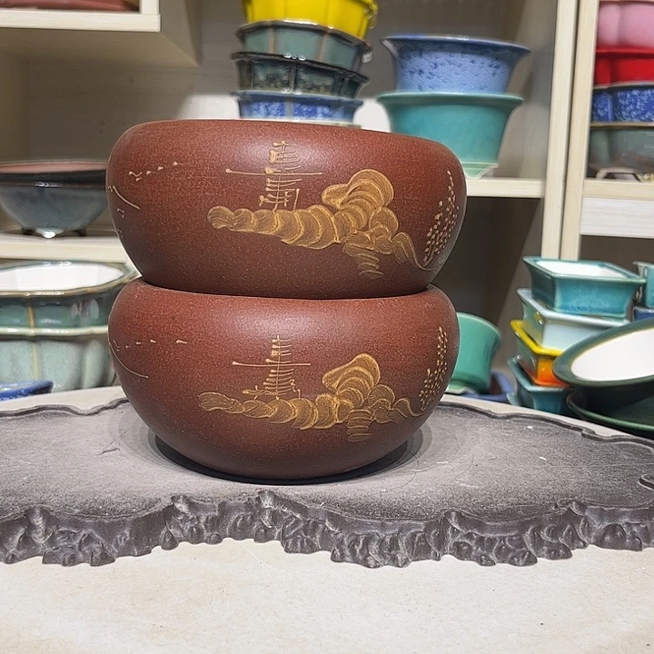 紫砂花盆瑕疵无孔2个