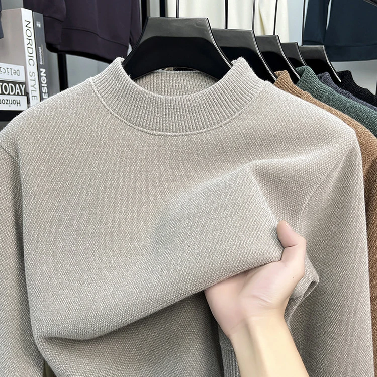 男士雪貂毛衣绒加绒加厚半高领针织衫冬季新款中年刺绣打底衫上衣