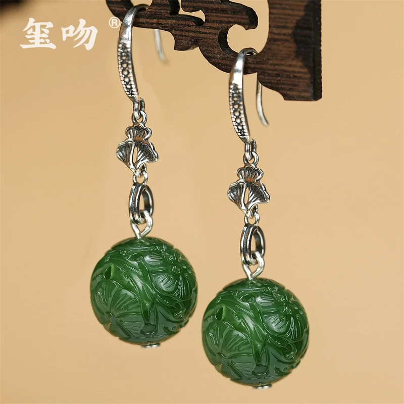 925银耳饰 【玺吻】s925银 国风手工精雕绣球耳坠（珠径约16mm）