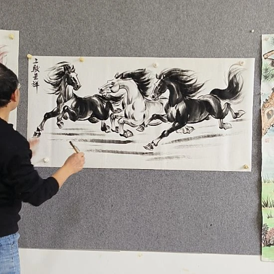 国画纯手绘作品三骏呈祥