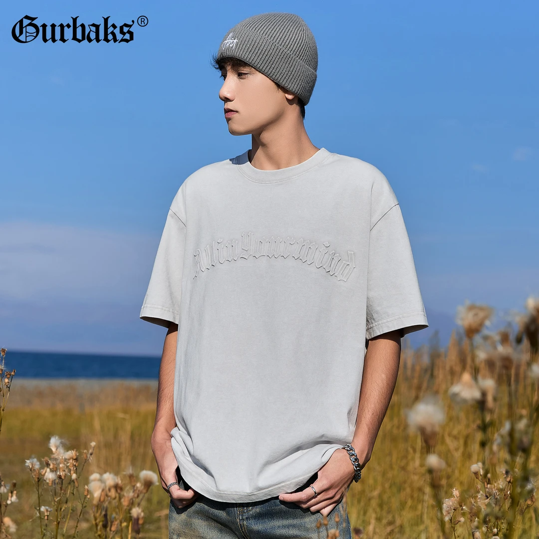 【古克】新款重磅250g短袖t恤男夏季美式字母压花水洗半袖纯棉上衣