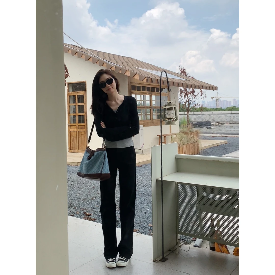 《细长小腿儿》高个子女装 秋季水洗黑灰色窄版直筒牛仔裤 AU049