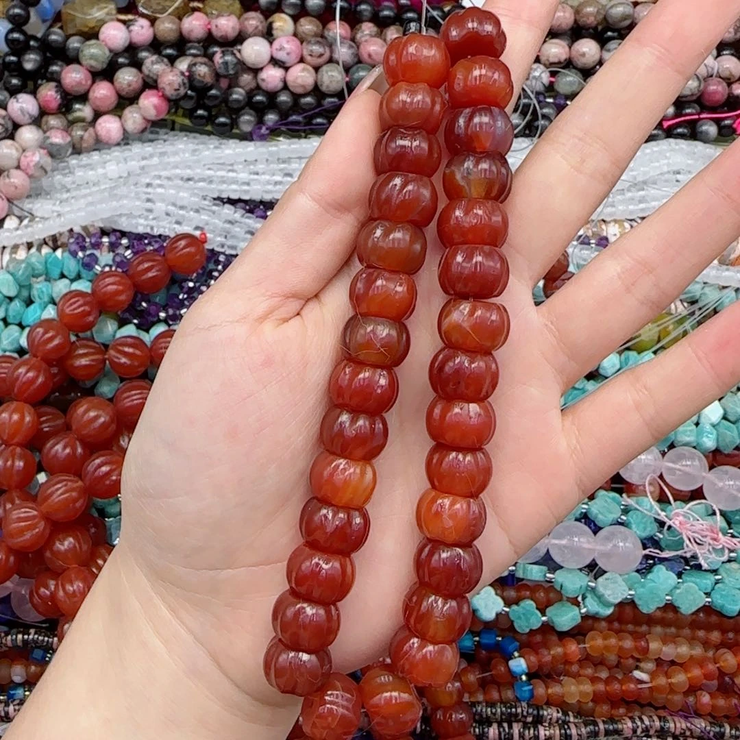 玛瑙/玉髓未镶嵌珠宝半成品红玛瑙雕刻南瓜一条10×14