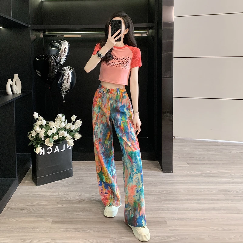 2025夏超火女装套装又a又飒短袖搭配一整套涂鸦牛仔阔腿裤两件套